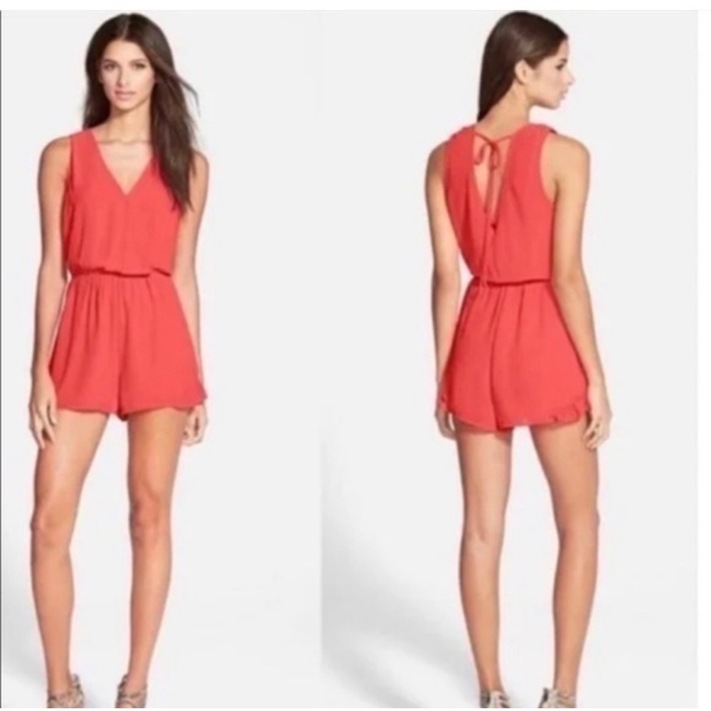 ASTR the Label Orange Red Ruffle Surplice V-Neck Romper AP5637 Small